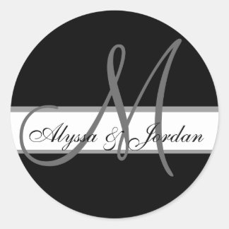 Sticker Rond Mariage Personnalisé Monogramme & Noms Sceau noir