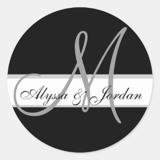 Sticker Rond Mariage Personnalisé Monogramme & Noms Sceau noir