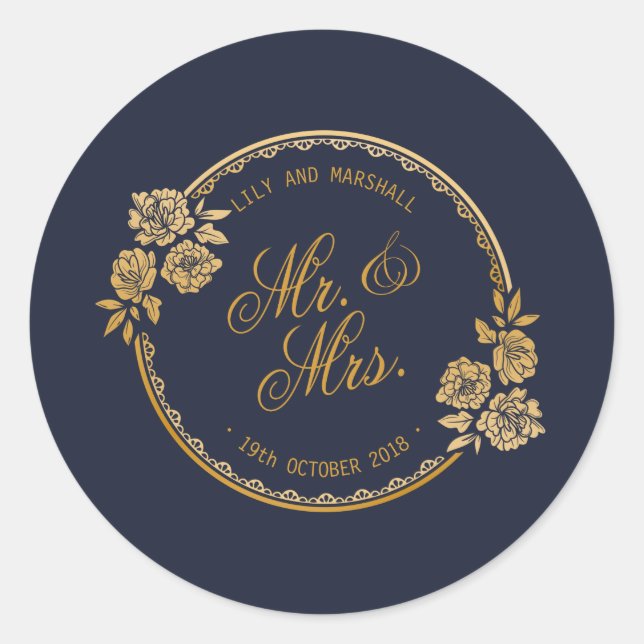 Sticker Rond Mariage Personnalisé Or Élégant | Sceau Autocollan (Devant)