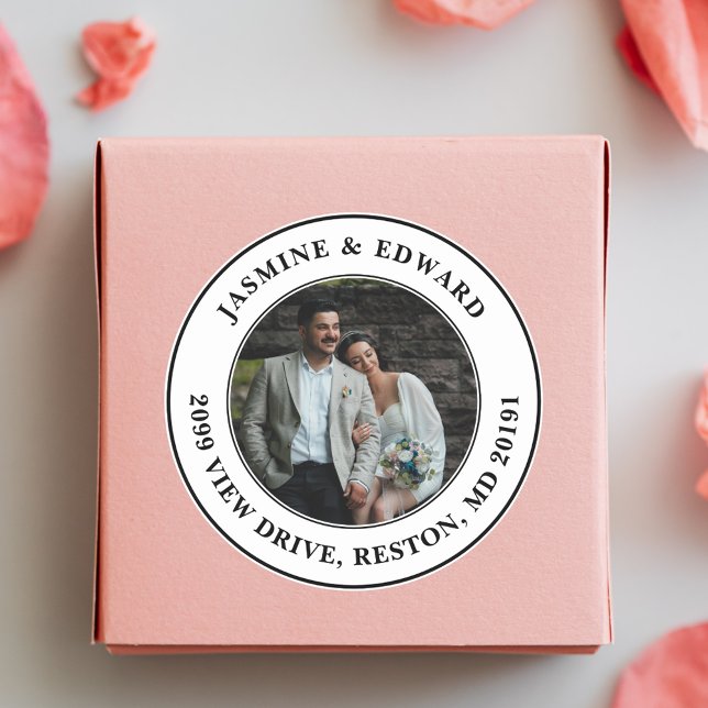 Sticker Rond Mariage personnalisé Photo moderne Adresse de reto (Créateur téléchargé)