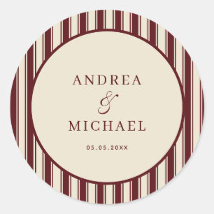 Sticker Rond Mariage personnalisé rayures ivoire et Bourgogne r