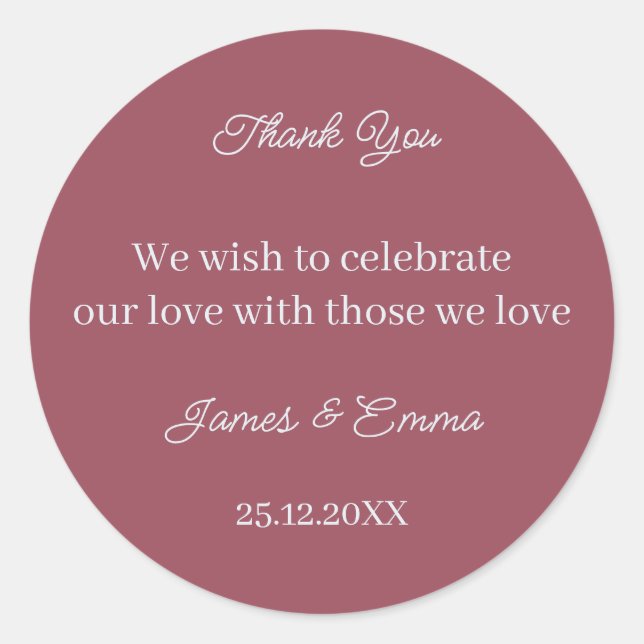 Sticker Rond Mariage personnalisé Simple Maroon (Devant)