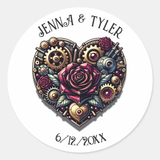 Sticker Rond Mariage personnalisé Steampunk Coeur et Roses (Devant)