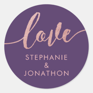 Sticker Rond Mariage Personnalisé Violet Prune + Rose Amour Mau