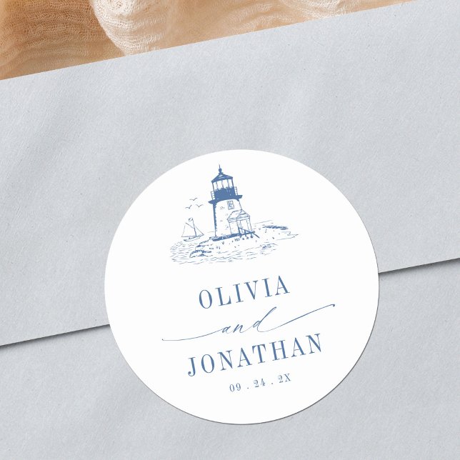 Sticker Rond Mariage Phare Toile Côtière Bleue (Créateur téléchargé)