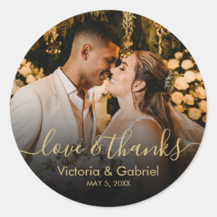 Sticker Rond Mariage photo Black Gold Script Love and Thanks