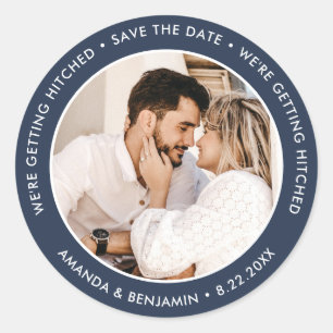 Sticker Rond Mariage photo bleu de la Marine moderne Enregistre