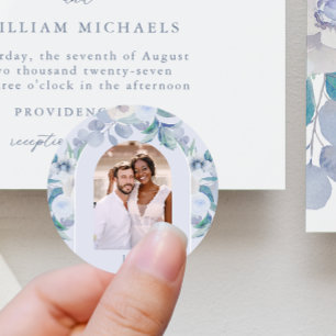 Sticker Rond Mariage photo Chic Blue Airy Floral