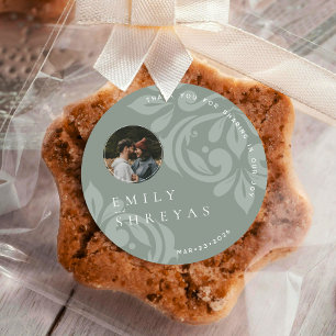 Sticker Rond Mariage photo classique Earthy Olive Damask