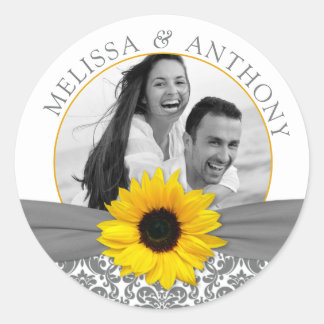 Sticker Rond Mariage photo de tournesol jaune gris Date de sauv