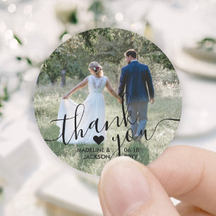 Sticker Rond Mariage Photo & Elegant Black Script Merci