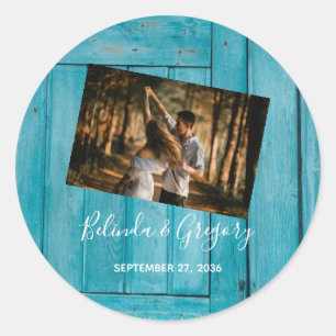Sticker Rond Mariage photo en bois bleu rustique