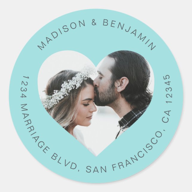 Sticker Rond Mariage photo forme coeur Adresse de retour Bleu (Devant)