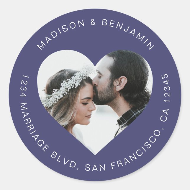 Sticker Rond Mariage photo forme coeur Adresse de retour Marine (Devant)