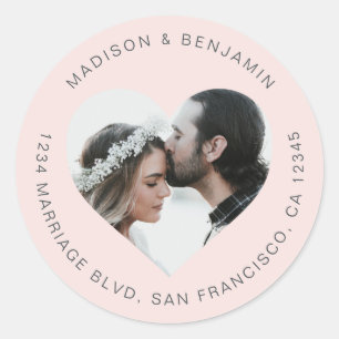 Sticker Rond Mariage photo forme coeur Adresse de retour rose