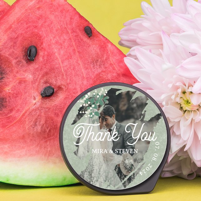 Sticker Rond mariage photo Gypsophila vert Merci (Créateur téléchargé)