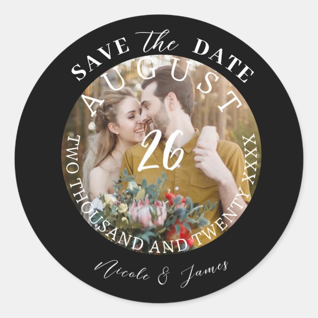 Sticker Rond Mariage Photo Image Moderne Enregistrer la Date  (Devant)