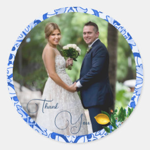Sticker Rond Mariage Photo Merci en carreaux bleu citron