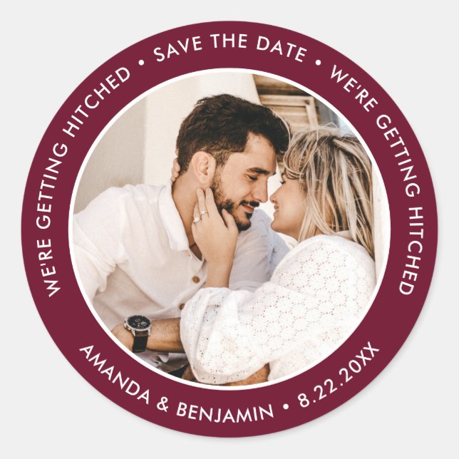 Sticker Rond Mariage photo moderne Bourgogne Enregistrer La Dat (Devant)