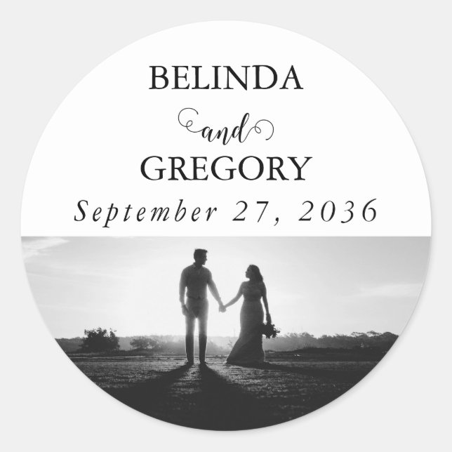 Sticker Rond Mariage photo moderne en noir et blanc (Devant)