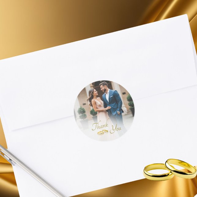 Sticker Rond Mariage Photo Simple Bagues Or Merci (Créateur téléchargé)