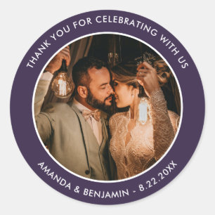 Sticker Rond Mariage photo violet moderne Merci