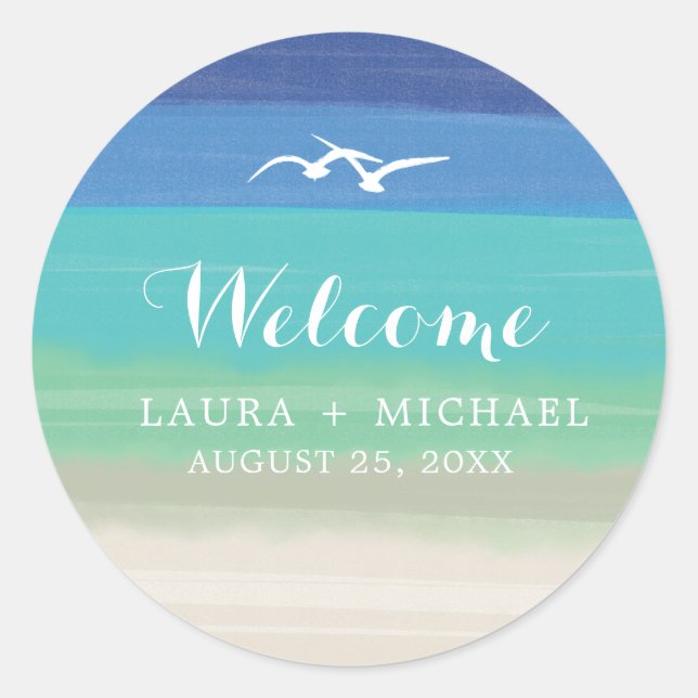 Sticker Rond Mariage plage de sable, mer et mouettes (Devant)