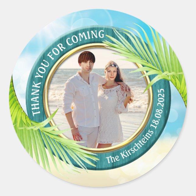 Sticker Rond Mariage plage Favoriser votre photo Palm Leaf Trop (Devant)
