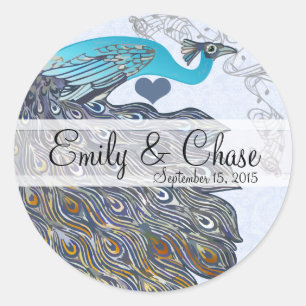 Sticker Rond Mariage Plumes de Paon Aqua Corail Gris