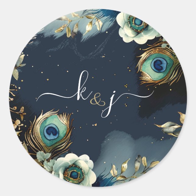 Sticker Rond Mariage Plumes de Paon Céleste  (Devant)