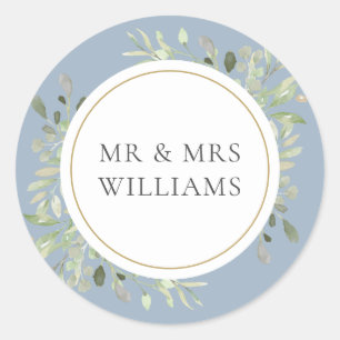 Sticker Rond Mariage poussiéreux bleu verdure MR & MRS