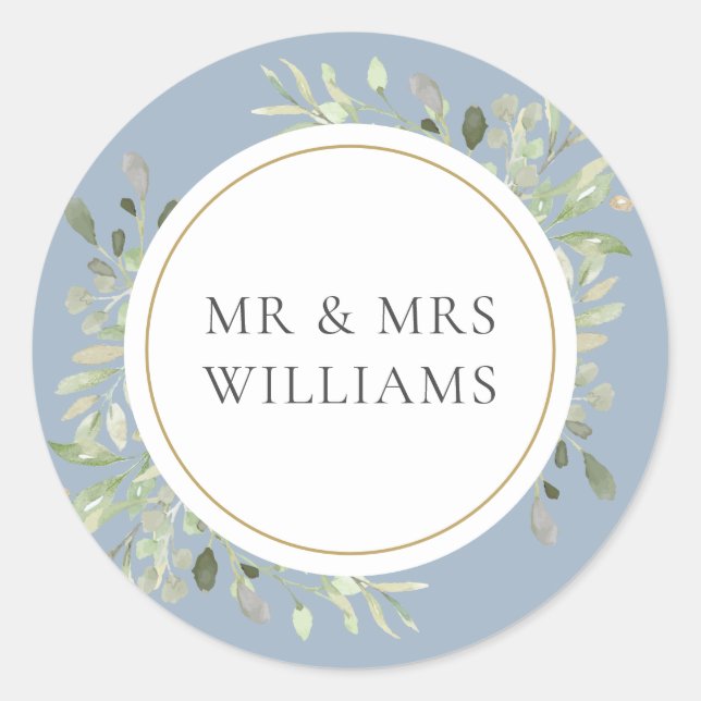 Sticker Rond Mariage poussiéreux bleu verdure MR & MRS (Devant)
