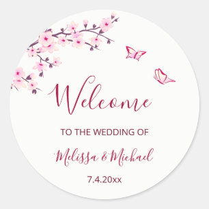 Sticker Rond Mariage Remerciement Fleurs de Cerisier Bienvenue