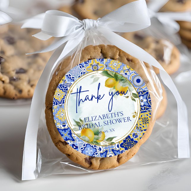 Sticker Rond Mariage Remerciements Carrelage Bleu Citron Script (Créateur téléchargé)