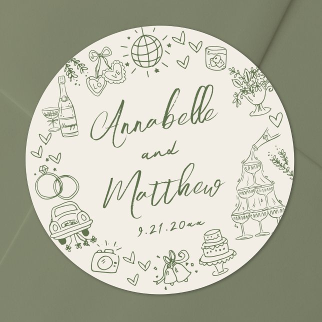 Sticker Rond Mariage Rétro Dessiné à la Main (Hand Drawn Retro Wedding Classic Round Sticker)