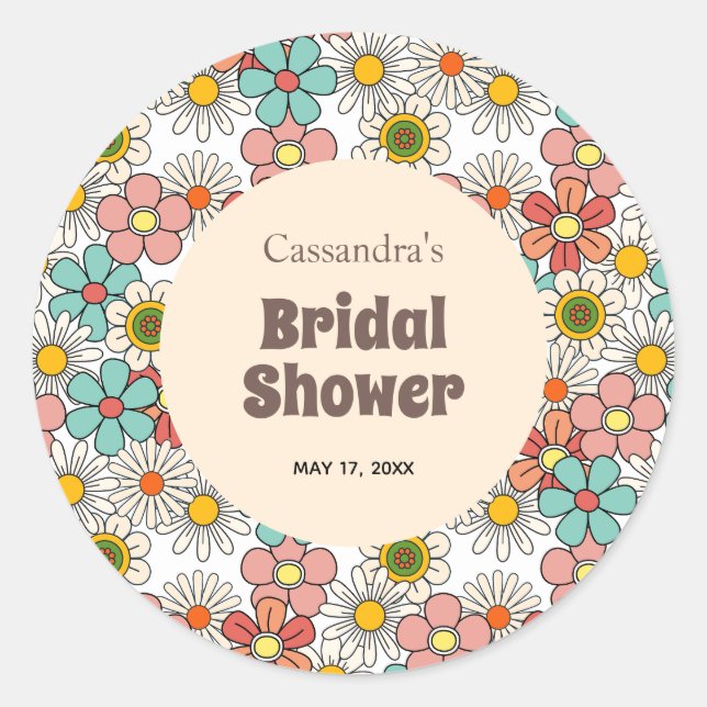 Sticker Rond Mariage rétro hippie Fleur Groovy Bridal Shower  (Devant)