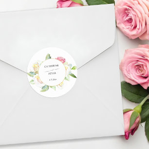 Sticker Rond Mariage romantique aux roses en aquarelle rose blu
