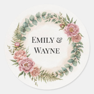 Sticker Rond Mariage Romantique avec Fleurs Roses et Verdure
