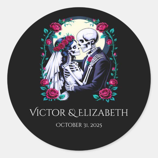 Sticker Rond Mariage romantique de squelette et mariée (Devant)