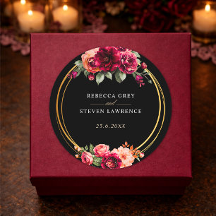Sticker Rond Mariage romantique élégant floral rouge noir d'hum