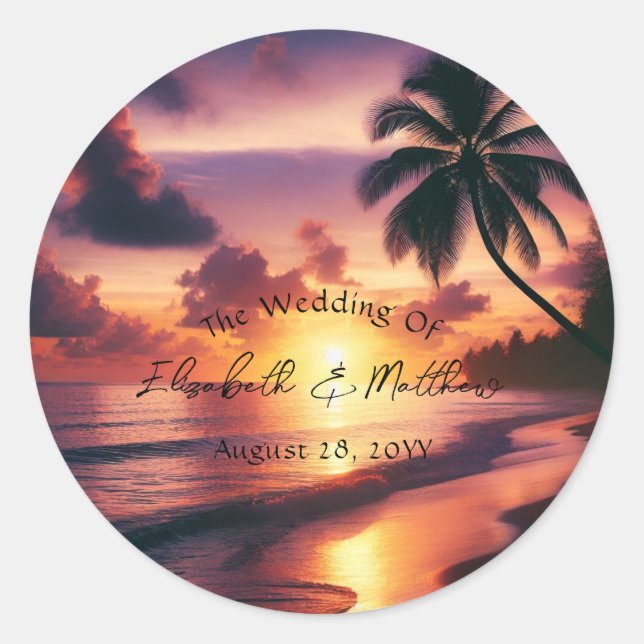 Sticker Rond Mariage romantique sur la plage de coucher de sole (Devant)