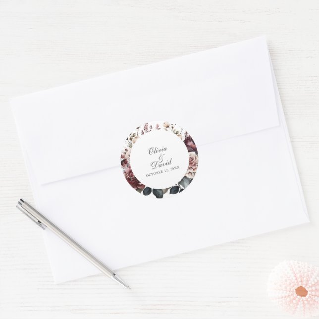 Sticker Rond Mariage rond floral Boho Bourgogne et Blush (Enveloppe)