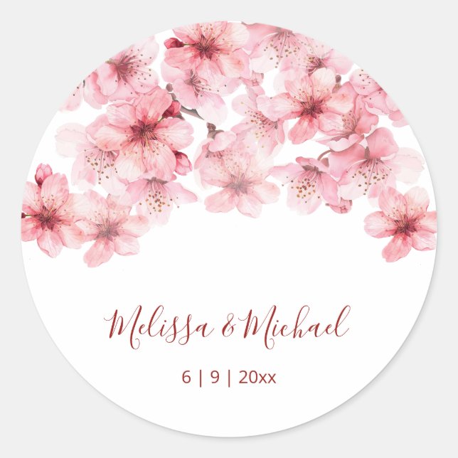 Sticker Rond Mariage Rose Blanc Fleur de Cerisier (Devant)