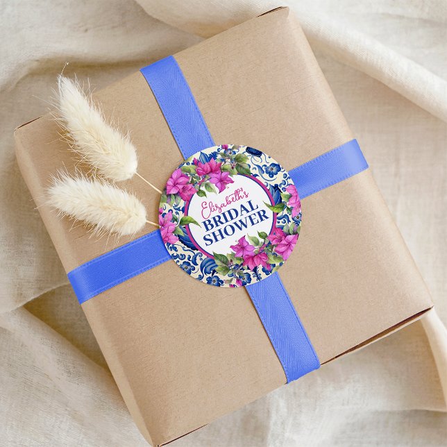 Sticker Rond Mariage Rose Bougainvillée Carrelage Bleu (Pink Bougainvillea Blue Tile Bridal Shower Classic Round Sticker)