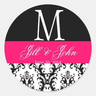 Sticker Rond Mariage rose chaud Monogramme Date Damask Seal