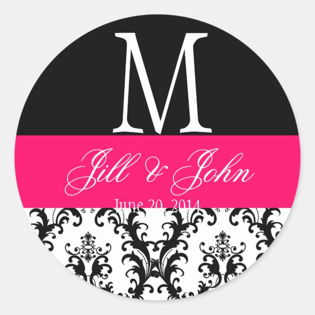 Sticker Rond Mariage rose chaud Monogramme Date Damask Seal (Devant)