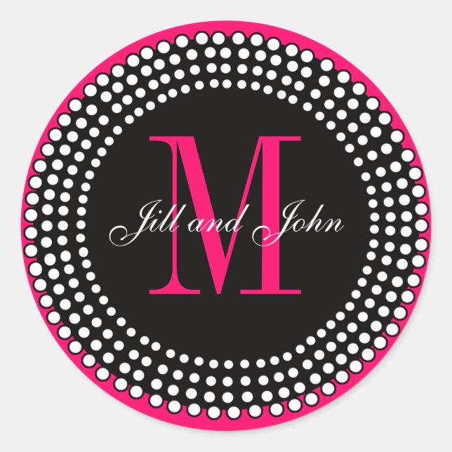 Sticker Rond Mariage rose chaud Personnalisé Monogramme & Noms  (Devant)
