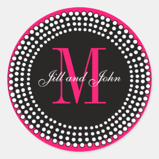 Sticker Rond Mariage rose chaud Personnalisé Monogramme & Noms 