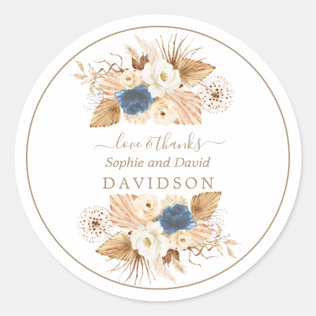 Sticker Rond Mariage Rose de pêche blanc bleu foncé (Devant)
