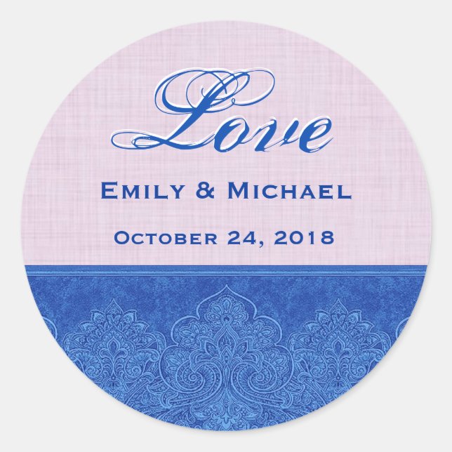 Sticker Rond Mariage rose et bleu royal Damask V23 (Devant)